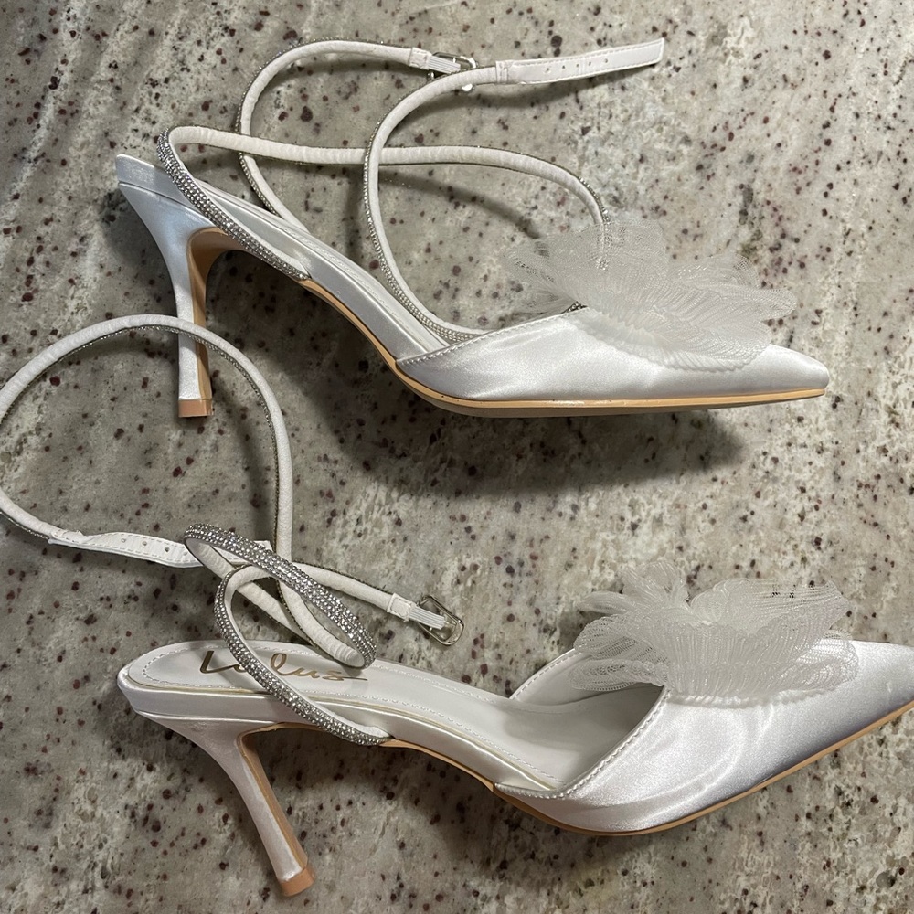 Lulu’s Lelania white heels with bows and crystals